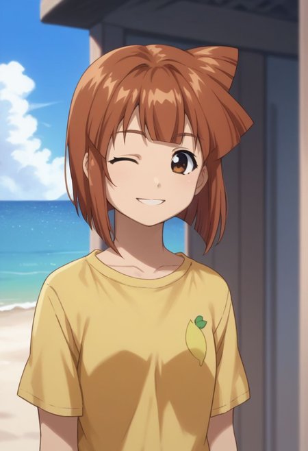 score_9, score_8_up, score_7_up, source_anime, 
eiko, 1girl, solo, shorts, short, hair, shirt, day side ponytail, yellow shirt, brown hair, bob cut, bangs, upper body, brown eyes, smile, wink,
outdoor, beach,