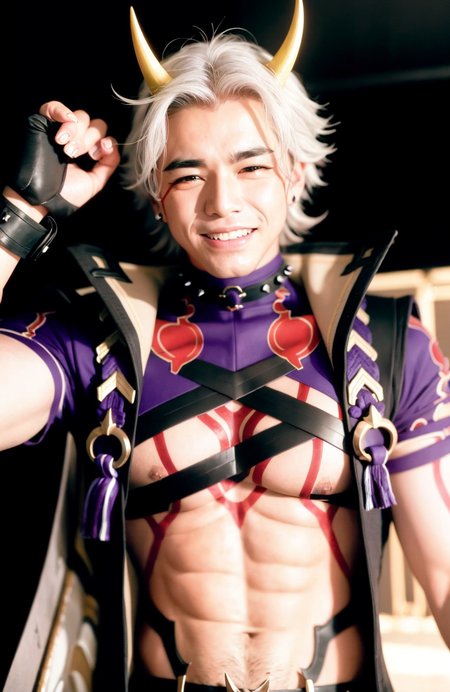 masterpiece, best quality,male focus, 1boy, male focus, arataki itto, horns, solo, closed eyes, smile, black nails, spikes