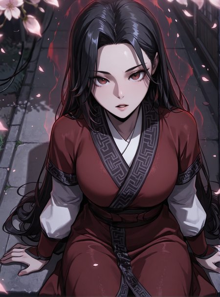 HDR,masterpiece, absurdres, newest, highres, very aesthetic, detailed eyes, fit body, godrays, ambient occlusion, soft lighting, highest quality, (volumetric lighiting:1.1), realistic skin, low lighting, trending on artstation, gothic,
adult, LGSPX, (anime screencap:1.3), anime screencap, Gu Huibi, black hair, long hair, dark red eyes, mature female,
BREAK
kimono,lighting aura,cherry blossoms,power lines,sitting,arms at side,sprawled,dynamic pose,looking up viewer,(from above:1.2),parted lips,perspective,black background,vignetting,chromatic aberration,depth of field,blurry,film grain,
<lora:princess_xl_v2:0.6> <lora:add-detail-xl:0.25>  <lora:30_LOL:0.6>  <lora:g0th1cPXL:0.4>  <lora:Gu_Huibi-000091:0.7>