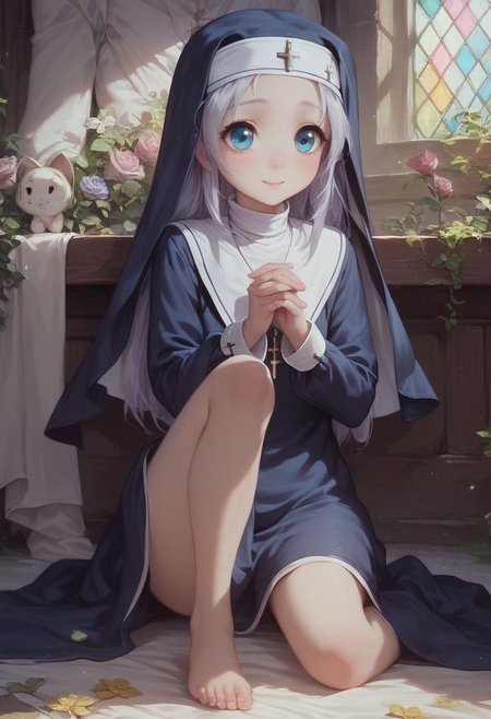 score_9, score_8_up, score_7_up, maria, nun,1girl, long hair, detailed blue eyes, cute, adorable, innocent, full body shot, detailed, pure, soft, young, sitting