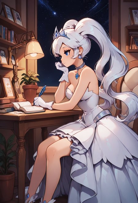 masterpiece, best quality, 1girl, solo, eyelashes, medium breasts, narrow waist,    zzIvoryPrincess, blue eyes, long hair, white hair, twintails,  tiara, white dress, white gloves, strapless dress,   <lora:IvoryPrincess_IXL:1.0>,, zzLofi, sitting, side view, desk, chair, book, bookshelf, head rest, holding, holding pen, lamp, night, open book, pen, plant, potted plant, sky, star (sky), starry sky, window, windowsill, writing, <lora:LofiGirl_Style_IXL:0.8>,