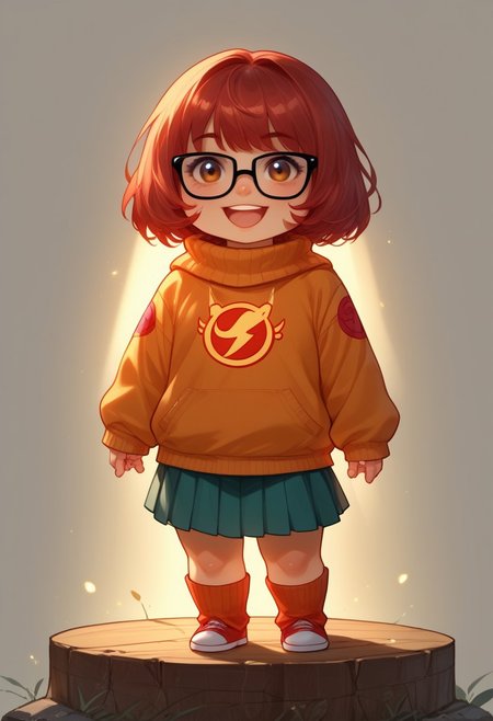 score_9, score_8_up, score_7_up, source_anime, solo, adorable chibi Velma Dinkly, happy, Velma's clothes, (chibi body:1.4), (indirect lighting, dynamic lighting:1.4), simple background, chibi art style, (detailed image, high resolution, 5k resolution:1.0), (realistic style, chibi art style, las lindas Art Style:1.2)