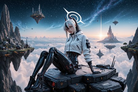 masterpiece, best quality, good quality, very aesthetic, absurdres, newest, 8K, film grain, photorealistic, scenery, neon glow, (floating island, starry sky, spaceship:0.9), angular, sleek, futuristic, science fiction, cyberpunk, aidmaFLuxPro1.1, aidmaImageUpgrader BREAK young 1girl, [(kayoko_\(blue_archive\):0.99):(kayoko_\(blue_archive\):0.6):0.5], cyborg, robot girl, mechanical body, open cropped jacket, white jacket, parted lips, (light smile:0.7), white halo, head tilt, dynamic pose, sitting, streaked hair, white hair, black ponytail, (horns:0.9), hair between eyes, red eyes, white pupils, glamour <lora:aidmaFLuxPro1.1-IL-v0.3:0.3> <lora:- iLL - the_edgy_mech_V3.0:0.4> <lora:aidmaImageUpgrader-v0.3-IL:0.3> <lora:aidmaMJ6.1_v0.5_IL:0.2> <lora:Mechanism-Illustious:0.3> <lora:RealisticIL-000001:0.1>