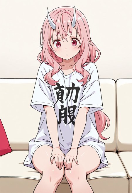solo, woman, shuna, oni, long hair, pink hair, white horns, oversized t-shirt, hands on legs, sofa, room, high quality, best quality, masterpiece, 4k resolution, anime