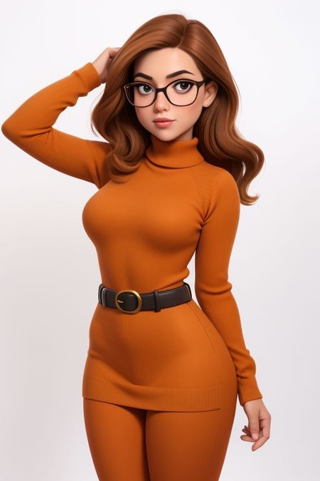 1girl as cartoon character, orange wool sweater dress, large belt, facing camera, perfect hands, high heels, brown hair, short pageboy hair, perfect big eyes, looking at viewer, round breast, wide hips, white background, clean background, <lora:p3r3zstyle:0.8>, kkw-ph1, pastel, see through, bulging thighs, camel toe, showing ass, leggings, thick square glasses, nerd, geek, thick turtleneck collar