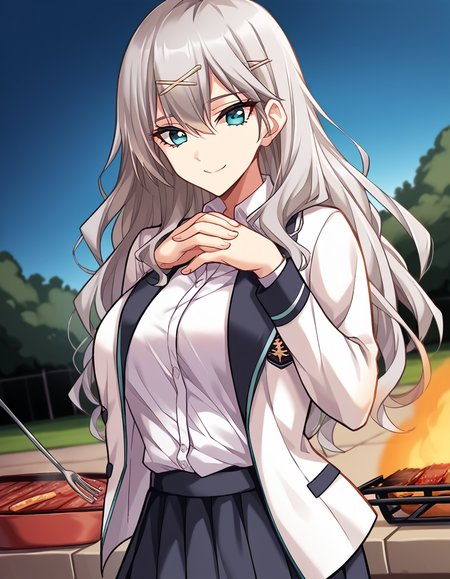 score_9, score_8_up, score_7_up, source_anime, <lora:aina-leminen-ingame-ponyxl-lora-nochekaiser:1>, aina leminen, long hair, bangs, blue eyes, large breasts, hair ornament, hair between eyes, hairclip, x hair ornament, grey hair,, skirt, shirt, long sleeves, school uniform, jacket, white shirt, pleated skirt, open clothes, miniskirt, black skirt, open jacket, dress shirt, white jacket,, backyard, barbecue, grilling, laughter, summer evening, smile, <lora:gendou-pose-ponyxl-lora-nochekaiser:1>, gendou pose, own hands clasped, own hands together, parody,, looking at viewer, solo,, dutch angle, cowboy shot