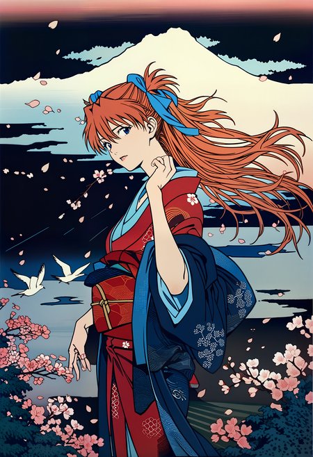 scenery, cherry blossoms  in a dark storm, light and shadow, cherry petals flying in the air, wind and rain, sea, small waterfall, cloud, birds,
1girl, souryuu asuka langley, neon genesis evangelion, rebuild of evangelion, aged up, mature, Japanese kimono, looking at viewer, 
dynamic angle, close-up shot, woodcuts, highly detailed, KHsty-XL, <lora:KHsty-XL-v3-AN:0.7>,
masterpiece, best quality, very aesthetic, absurdres,