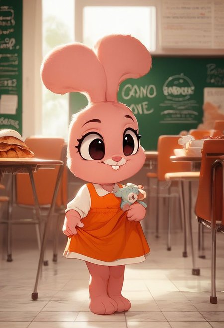 score_9, score_8_up, score_7_up, score_6_up,  BREAK rating_safe, , anais_watterson, female, furry, anthro, 1girl, furry female, solo, clothing, dress, (detailed background: School cafeteria), orange dress, clothed, stuffed animal, full body, lift dress, standing, holding, buck teeth, Expressiveh, extremely_bright, cute, cub