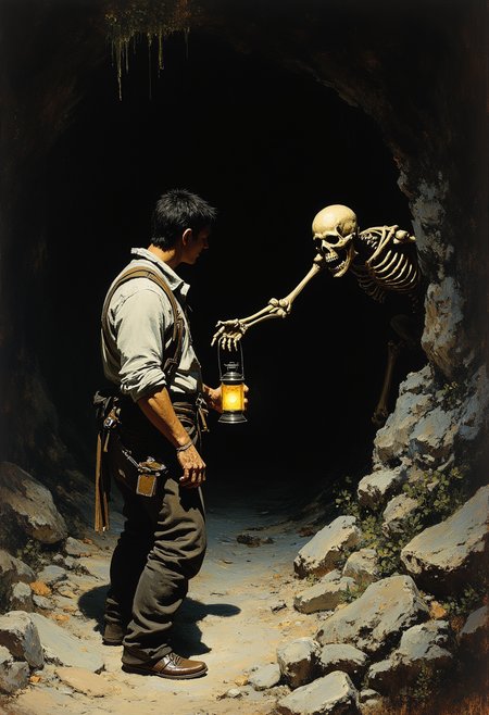 ThePaintedRealm. This is a dark, moody, and dramatic oil painting by artist Frank Frazetta, titled "The Horror in the Cave." The scene depicts a dramatic, suspenseful encounter. A rugged, muscular man with a rugged face and short, dark hair stands to the left, dressed in tattered, earth-toned clothing, including a rough, white shirt and dark pants, with a worn leather belt and a small lantern slung over his shoulder. He is holding a lantern that casts a faint, eerie glow illuminating his face and the surrounding area, highlighting the stark contrast between light and shadow.   To the right, a skeletal figure, with a glowing skull and hollow eye sockets, reaches out from a dark, rocky cave entrance, its skeletal fingers extended towards the man. The skeleton's ribcage is visible, enhancing its skeletal appearance, and it holds a lantern similar to the man's, which is glowing with a soft, ethereal light.