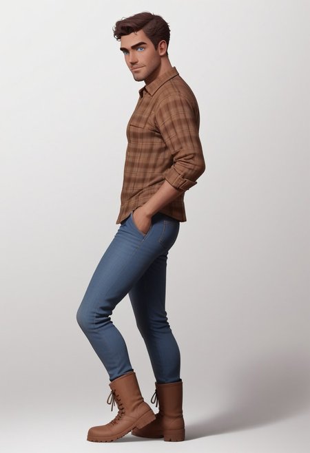 Arabian 25yo Naveen, 1boy, medium dark brown skin, slender manly body, combed medium brown hair, light blue eyes, facial expression loving, subtle beard stubble, plaid shirt, dark jeans, standing pose, leaning side view, hiking boots