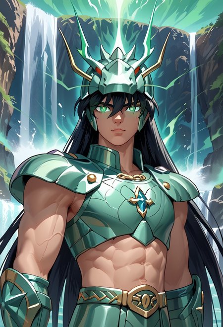 score_9, score_8_up, score_8, score_9, masterpiece, portrait, upper body focus, close shot, ultra high quality, hd render, male focus, Shiryu, young twink, very long hair, black hair, long bangs, hair over eyes, green eyes, glowing eyes, light skin, chinese boy, handsome boy,
green armor, helmet, dragon helmet, pauldrons, shoulder pads, vambraces, gauntlets, gloves, fingerless gloves, chest plate, green aura, body aura, aura glowing, 
narrow features, standing, front side view, dynamic pose, dynamic shot, dynamic angle, looking at viewer, waterfall background, hd render, high quality,