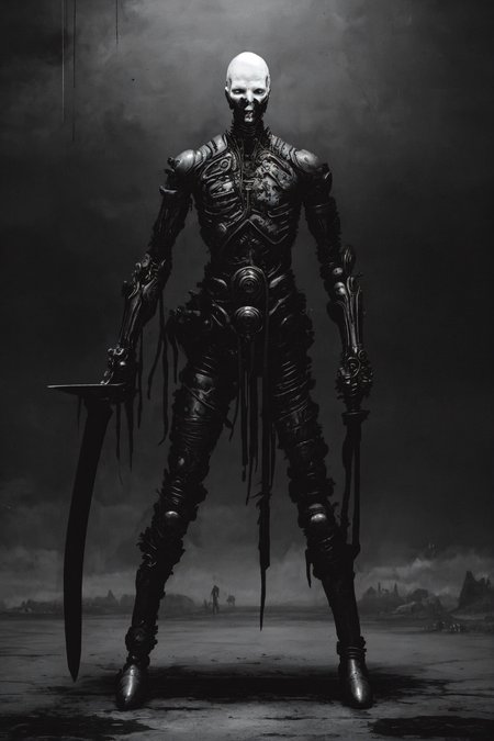 (humanoid with a white synthetic skin face full of cybernetic implants), (black leather futuristic cybernetic suit:1.8), (sword fighting pose, swinging long katana:1.7), (thick dark leather coat with neck cover:1.3), (cross tattoo only on forehead:1.3), 1guy, blue sky, cloud, collarbone (looking at viewer and smiling:1.2), (white reflective eyes:1.1), sky, solo, upper body, ((masterpiece)), (smirk512:1.3), (synth goth cyber armor with metal plates:1.3), (thick stretched neck guard made out of body pipes:1.2), <lora:epiNoiseoffset_v2:1>, (masterpiece), (best quality), (high resolution), hyper detailed, detailed_background, cables, dim light, vast, space age architecture, communism architecture, Bauhaus, (dimly lit pale eyes:1.4), (tattoos:1.8)
OrganicBiomArt, <lora:bodhor:0.4> <lora:Blame!:1>
((environment falling apart)), (catastrophic failure), (action shot:1.6), (dark photo:1.11), (hyper realistic:1,11), (high contrast:1.22), (detailed skin texture:1.33), (blush:0.6), (goosebumps:0.5), subsurface scattering,, intriguing, fascinating, captivating, innovative, unconventional, peculiar, mysterious, advanced, cutting-edge, unique, otherworldly, mind-bending, thought-provoking, surreal, enigmatic, awe-inspiring, futuristic, striking, bizarre, extraordinary, unconventional, intriguing, alluring, captivating, imaginative, impressive, complex, intricate, fascinating.