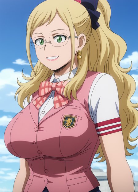 manhwastyle, 1girl, large breasts, slimes_melissashield, woman, solo, glasses, smile, pink vest, <lora:SlimesMelissaShield:1>