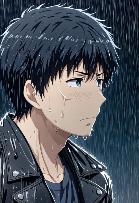 high resolution, solo, best quality, 1Boy, Arata Kaizaki, Black Hair, Blue Eyes, heavy rain, night, looking down, sad, leather jacket, looking away, wet, wet hair, OverallDetail