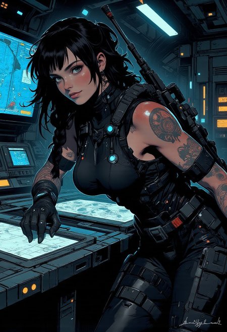 In the style of ff-td, nistyle, Silhouette Art, magnificent, inksplash, crisp lines, closeup portrait of stunning sci-fi space marine, flight deck, spaceship control room, beautiful girl, breasts, curvy, looking at viewer, holographic displays, leaning against table, sniper rifle on back, smirk, holographic map table, dark braided hair, backwards hat, spartan armor, halo game, black armor, blue highlights on armor, chest armor, sci-fi armor, sleeveless, arm sleeve tattoos, muscle tone, dogtags, armored legs, sweaty, directional lighting, dark background, blue lights, foreshortening, depth of field, 
Closeup, detailed face, freckles,
