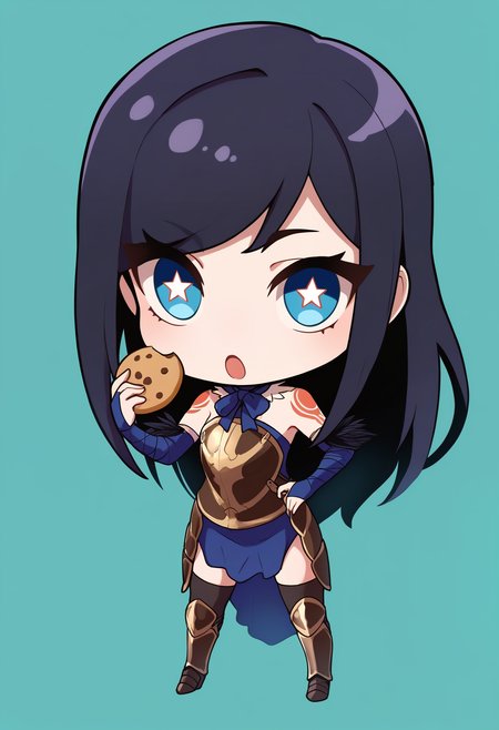 masterpiece, best quality, 1girl, full body, chibi, holding cookie, :o, star-shaped pupils, <lora:ShanoaCV-illu:1> shanCV, long hair, black hair, blue eyes, blue dress, bare shoulders, tattoo, blue bowtie, armor, breastplate, bridal gauntlets, feather trim, black thighhighs, greaves, aqua background