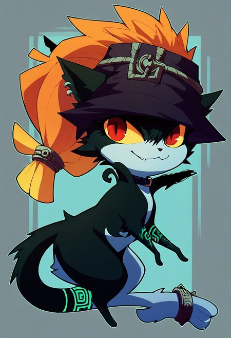 Midna imp form (score_9, score_8_up), score_7_up, score_6_up, (feral), 1girl, cute, cat girl, furry, anthro, solo, witch hat, (body fur), (black body, black skin, black fur), eyelashes, eyeliner,,orange hair, red eyes, yellow sclera), (long hair, messy hair, wild hair), animal ears, smirk, stripes, slit pupils, beautiful eyes, thin tail, tail ring, punk, piercings, collar, paws, uncensored  solo, hat, witch hat