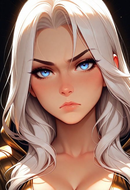 masterpiece, best quality, amazing quality, very aesthetic
Artist : Tsuaii, Artist : Incase, flat colors,
1girl, (Ashe, league of legends:1), portrait, 
bright blue eyes, white hair, long hair,
black and gold dress, cleavage, hooded,
looking at viewer, serious look, 
(neutral white background), dynamic lighting,