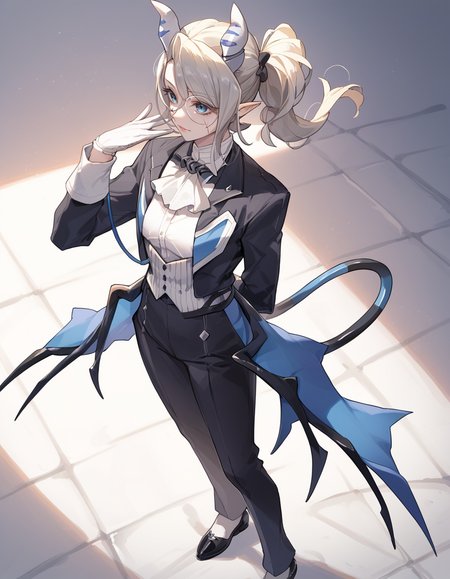 (score_9:0.9),score_8_up,score_7_up,rating_safe,(zPDXL3),(zPDXL),
masterpiece,intricate details,anime,4k,best quality,anime style,
<lora:arias the labrynth butler PonyXL v1:0.82>,
arias the labrynth butler, 1girl, solo, low demon wings, white gloves, full body, black pants, butler, black tailcoat, standing, black footwear, demon girl, monocle, white shirt, white ascot, from above, adjusting gloves, demon tail, scar