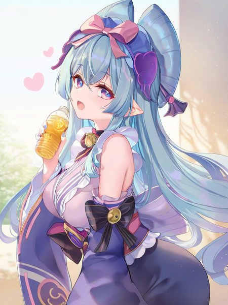 yumemizuki mizuki, 1girl, solo, holding bottle, looking at viewer, blush, open mouth, large breasts, purple kimono, black bow, detached sleeves, nail polish, absurdres, highres, nihongami, neck bell, heart, purple gemstone(artist:atdan:0.9),(artist:torino_aqua:0.8),(artist:izumi_tsubasu:0.9),(artist:kedama_milk:1.05),(artist:nardack:0.75),(artist:ke-ta:0.95),(artist:toosaka_asagi:0.7),(artist:sho_(sho_lwlw):0.8),(artist:as109:0.8),masterpiece,best quality,amazing quality,very aesthetic,absurdres,<lora:yumemizuki_mizuki_v1-000010:1>,