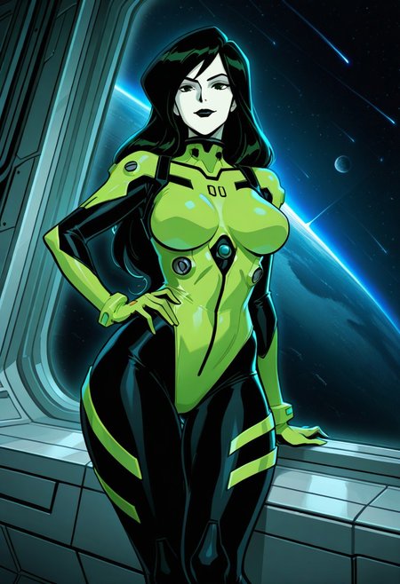 masterpiece, best quality, amazing quality, hyper-Detailed, high resolution, 1girl,  solo, sexy, 5parr0w5tyl3, cartoon, shego, wide hips, space pilot, plugsuit, on space station, observation window showing stars, one hand on hip