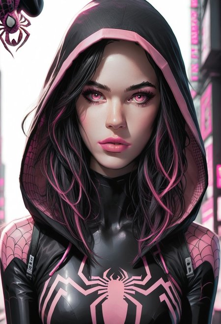 /Spider_Ayane/, pink lipstick, long black hair, (pink hair highlights:0.2), medium breasts, portrait, black bodysuit with pink spider print, looking at viewer, puty lips, pink eyes, wearing black hood