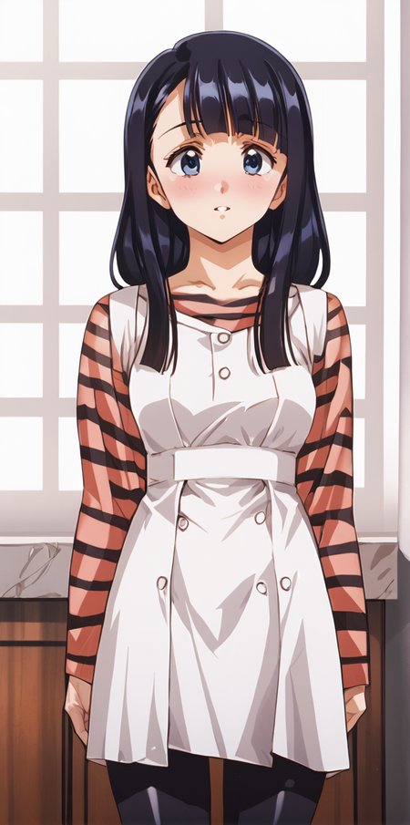 1girl,  absurdres, uncensored,
score_9, score_8_up, score_7_up, score_6_up, source_anime, zPDXL3,
(mature female),
BREAK
indoors, seductive smile, smile,
BREAK
,
BREAK
 koyuzu, blue eyes, black hair, long hair, dress, striped shirt, striped, long sleeves, black pantyhose,  <lora:Urushihara Satoshi_XL_PONY_V2:0.9>,<lora:edomaeelf:0.8>