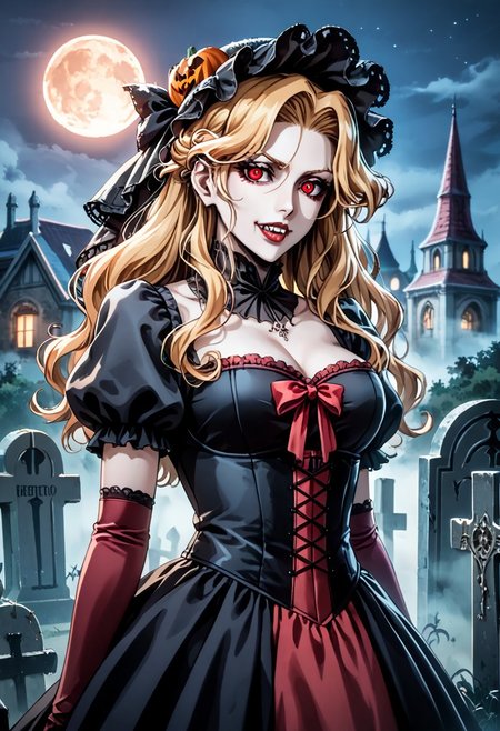 score_9, score_8_up, score_7_up, score_6_up, score_5_up, score_4_up, c4stl3v4ni4, (perfect face, perfect eyes), BREAK, 1woman, grey skin, white skin, (fangs), (vampire), long blonde hair, sidelocks, bang, updo, messy hair, curly hair, eyelashes, (red eyes), bleach style, wearing a victorian dress, elbow gloves, victorian widow face veil, victorian hat, 
Outside at night, a walled cemetary in the distance, graveyard, stone,AddXL, sm_an_stl ,source_anime, anime screencap, anime, animification, fog, dark, night, haze, halloween, full moon, vampire, undead