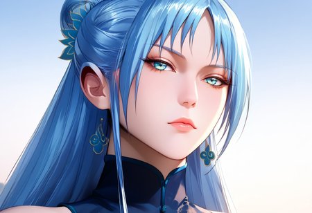 Bai Liner, Bai dress, blue hair, hair ornament, hair bun, jewelry,  Expressiveh, perfecteyes, hyper detailed, hyper realistic, score_9, score_8_up, score_7_up, 8k, best quality, high quality, natural lighting, intricate, soft warm lighting, realistic, hyper realistic, Ultra HD quality ,
bedroom, standing, posing, from below, close-up,