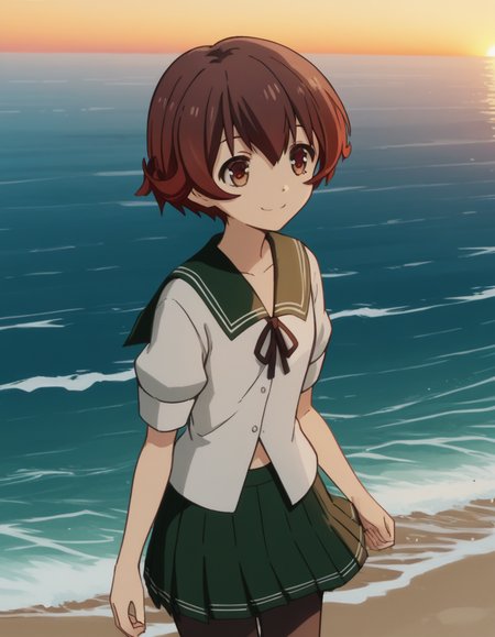 score_9, score_8_up, score_7_up, source_anime, <lora:kacolle-mutsuki-s1-ponyxl-lora-nochekaiser:1>, mutsuki, short hair, brown hair, brown eyes, red hair, multicolored hair, gradient hair, mutsuki (kancolle), skirt, school uniform, pantyhose, pleated skirt, serafuku, sailor collar, neckerchief, black pantyhose, green skirt, green sailor collar,, beach, sunset, walking along shore, footprints in sand, waves, peaceful, smile, , smile, solo,, cowboy shot, dutch angle