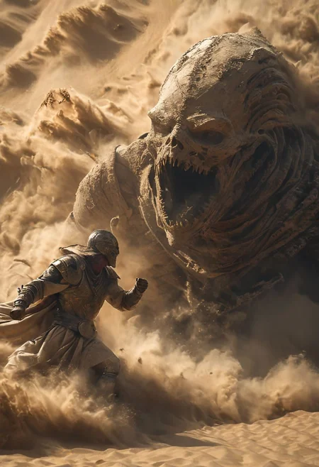 very dark focused flash photo, amazing quality, masterpiece, best quality, hyper detailed, ultra detailed, UHD, perfect anatomy, portrait, dof, hyper-realism, majestic, awesome, inspiring,Capture the thrilling showdown between the ancient mummy and the colossal sand boss in an epic battle amidst swirling dust and desert sands. Embrace the action and chaos as these formidable forces clash in the heart of the dunes. cinematic composition, soft shadows, national geographic style