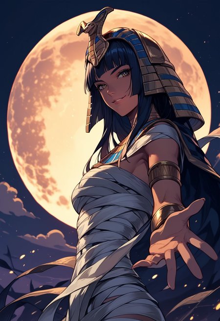 score_9, score_8_up, score_7_up,source_anime,anime,
1girl,solo, ,long straight hair,perfecteyes,eyebrows,
mummy wraps, brown skin, pharaoh headdress,
kind expresion, eyes loking at viewer,  slight closed smile, pharoh, 1glowing ankh,
reaching out to pov, side angle, side view, side pose, 
leaning down,
,dark background, cowboy body shot, sheer field of reeds,
(dust:0,5),dust motes, light motes,, league of legends,glowing moon,obelisk,