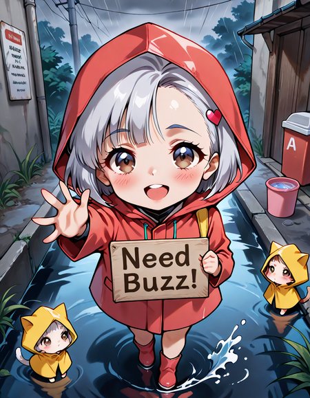 Score_9,Score_8_up,Score_7_up,bust,masterpiece,best quality,amazing quality,ultra detailed,very aesthetic,absurdres,<lora:selma_IL_V1:1>,selma,silver hair,brown eyes,selma,brown eyes,silver hair,blush,heart hair ornament,short hair,(reaching:1.6),smile,open mouth,raincoat,teeth,uniform,
sewer,concrete,grass,sidewalk,<lora:need_buzz_sign:1>,holding sign,(need_buzz:1.2),rain,looking_at_viewer,chibi,kitten,trash can,hood,walking,(splashing water:0.9),walking_on_liquid,(a sign that says buzz!:1.4),waving,water drops,put on the hood,ð,