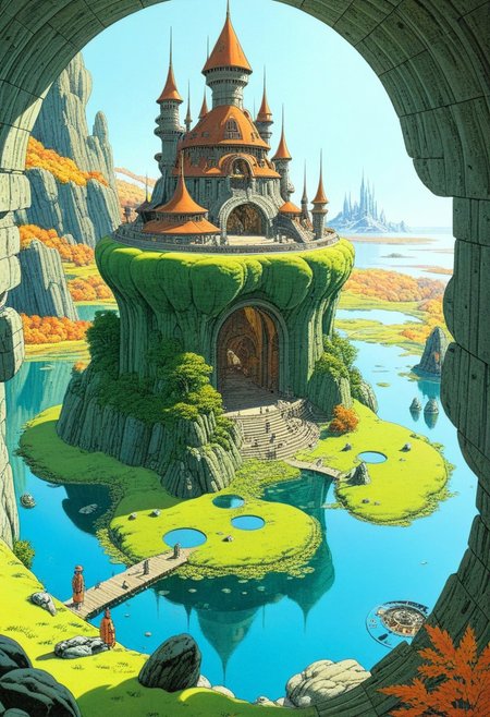 autumn , day ,
ruins, broken, mossy , castle, castle  on a floating island, ancient advanced civilazation, broken sci-fi technology, stone people,
StdGBRedmAF, Studio Ghibli, <lora:StudioGhibli.Redmond-StdGBRRedmAF-StudioGhibli:1>,Moebius (Jean Giraud) Style page