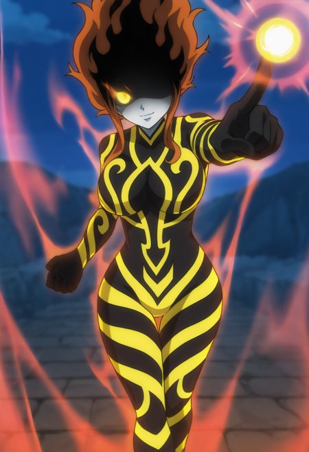 masterpiece, best quality, newest, absurdres, highres, dark, outdoors, night, closed mouth, anime screenshot, anime coloring, fairy tail, 1girl, solo, dimariags, floating hair, glowing hair, long hair, colored skin, black skin, one eye, no pupils, colored sclera, red aura, red neon trim, glowing eye, evil smile, pointing at viewer, energy ball, pyrokinesis,  <lora:god_soul:1>