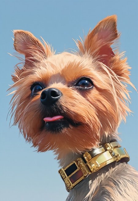 A hyper-detailed, avant-garde photograph featuring a striking Yorkshire Terrier named Allab with pale light brown fur, set against a serene, clear blue sky. The close-up shot accentuates the impeccable texture of its coat, enhanced by iridescent striped markings that stretch elegantly from one side of its face to the other, adding an artistic flair. Allab's eyes are mesmerizing, accented by shimmering metallic details that complement a bold, deep red color on its muzzle, creating a dramatic contrast with the pale fur. Large, intricately designed golden ear accessories shaped like Christian Holy Crosses gleam as they catch the light, contributing to Allab’s modern, sophisticated allure. The dog wears sleek, metallic urban Buddhist monk attire with a turtleneck that underscores its avant-garde aesthetic. The reflective surfaces of both the accessories and outfit interact dynamically with the environment, amplifying Allab’s futuristic presence. The minimalist background keeps the focus on this striking fashion-forward scene, captured with a Sony A7R IV camera and a 50mm f/1.2 G Master lens for an editorial-style shot. This composition merges contemporary fashion and minimalist elegance, drawing inspiration from avant-garde photographers like Sølve Sundsbø and blending mythp0rt and niji_flux styles into a high-fashion visual narrative.