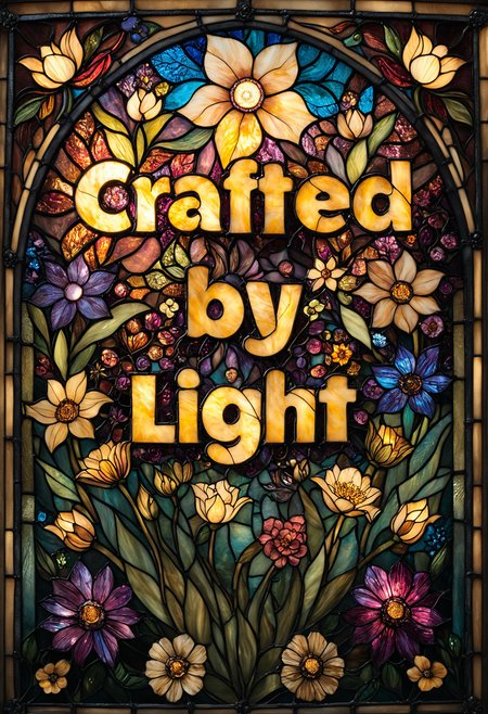 text "Crafted by Light", Stained Glass, flower style, detailed, elegant, sharp focus, professional composition, colorful, very inspirational, open atmosphere, cinematic, composed, intricate, beautiful, stunning, highly detail, artistic, color light, relaxed, heroic, amazing, best, joyful, cute, inspired, pretty, illuminated, warm, lovely, creative, positive