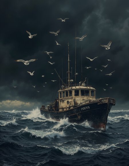 Low key, masterpiece, ultimate detailed, tiny finnest details,
Ultra high definition of a fishing boat at sea, a group of seagulls flying around the boat, rough waves, cinematic texture, Leica lens, ultra-high definition, 8K,
<lora:Flux1-impossible_geometry_V1.0:0.4> <lora:flux.1_lora_flyway_Epic-detail_v2:0.7> . <lora:Dieselcore:0.7> d1eselc0re, dark ambiance, low lighting, chiaro oscuro