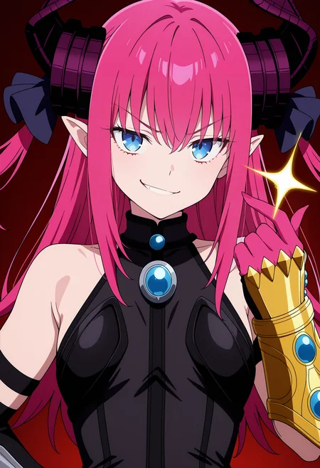 anime screencap, anime coloring, 1girl, solo, asymmetrical horns, blue eyes, long hair, pink hair, pointy ears, pink claws, dragon tail, cosplay, upper body, thanos, smirk, snapping fingers, infinity gauntlet,  looking at viewer, simple background,  single gauntlet <lora:Liz_illus:1>, masterpiece, best quality, amazing quality, very aesthetic, absurdres, highres, newest