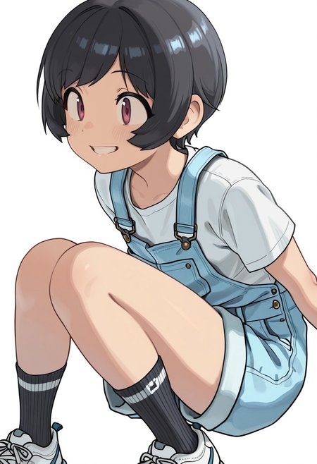 Score_9, Score_8_up, Score_7_up, Score_6_up, Score_5_up, Score_4_up, (masterpiece, best quality:1.2), soft_lighting, soft_skin_tone,  
BREAK
focus on face, 1girl, kanakochan, d-cup, spring clothing, white t-shirt, overalls, shorts, socks, shoes, grin, 
BREAK
white background, simple background