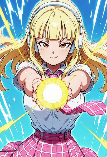 masterpiece, best quality, solo, curvy, beautiful eyes, narrow waist, wide hips, 1girl, solo, smile, looking at viewer, foreshortening, close up,  anime screenshot,    zzPearlCitron, brown eyes, blonde hair, long hair, straight hair, blunt bangs,   white headphones, pink necktie, collard shirt, white shirt, plaid skirt, pink skirt, shirt tucked in,   ,<lora:PearlRakuCitronOC_IXL:1.0>,  ,vivid aura, looking at viewer, blue background, smug, aura, super saiyan, charging energy, energy ball, energy, lightning, <lora:DBSBroly_Style_IXL_v2:0.6>,