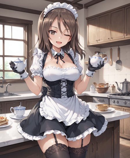 score_9, score_8_up, score_7_up, score_6_up, masterpiece, 1girl, solo, 
medium breasts, large breasts, wide hips, thighhighs, corset, Dress, open mouth, indoors, <lora:Mika_from_Girls_und_Panzer_Character_PonyXL:0.6>, mika (girls und panzer), brown hair, brown eyes, light smile, maid, holding cup, holding teapot, table, one eye closed, kitchen, black legwear, black gloves,