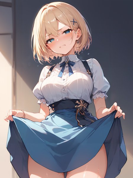 score_9, score_8_up, score_7_up,source_anime, high res image,masterpiece,best quality,(girl:1.0),cute face,clear skin,shiny hair,ultra detailed eyes,simple background, <lora:clenched teeth_pony_V1.0:1> clenched teeth, blush, sweat,dress,skirt lift