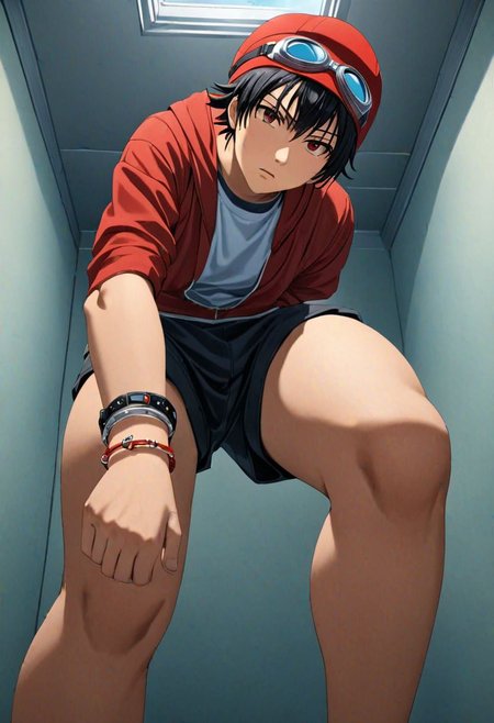 Highres, Masterpiece, High Quality, 4K, Yuusuke Fujisaki, 1boy, solo, black hair, Disregard, dominant, looking at viewer, threaten, standing oppressively over the viewer, dark Room, Cramped room, seen from below, Realistic Light, red hat, goggles, bracelet, anklet