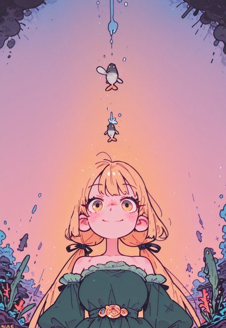 simple, flat colors, masterpiece, best quality, amazing quality, cartoon, 

1girl, wife, cute, very aesthetic,  feminine body, blushing, dynamic angle, beautiful eye, long eyelashes,  extremely detailed eyes, 
solo, long hair, twintails, yellow eyes, low twintails, blonde hair, hair ribbon, medium breasts,  absurdres,  looking at viewer, close up, upper body only, stylized, frowning , dynamic lighting, extremely beautiful, underwater, bare shoulders, graceful, green dress, princess dress, warm light, dynamic pose, floating, sinking, high angle, from above, pink corals, tropical fishes, lot of fishes, warm smile,  deep sea, gradient pastel background, water surface,
fl4t, Illust_Neg, smr03, pointy nose,