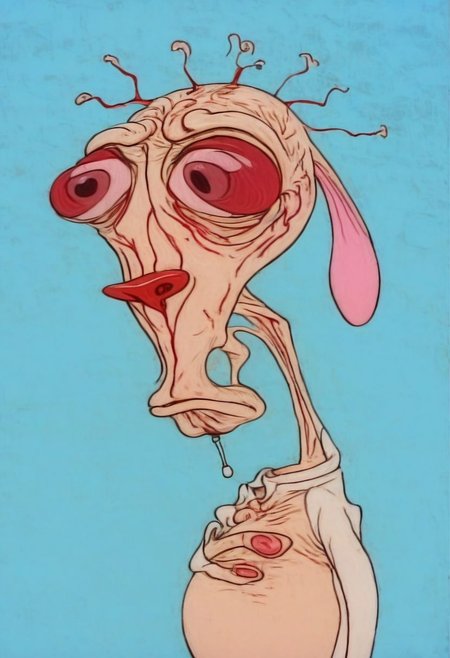 ((sharp image)), solo, upper body, ren, expression, moping, eyes have red veins, light bulb moment above head, ((eureka)), pale blue background,
no humans, easynegative, By bad artist