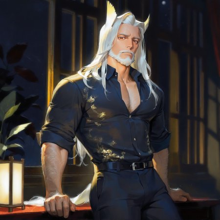<lora:HLGIIL:.7>,1boy,male focus,black pants,mature male,long hair,beard,white hair,animal ears,white hair,old,old man,
aixiwuganda_(20222192), (artist:niichi \(niichi21\):0.5), (artist:jezz mons art:0.8), (artist:my eight:0.8), facial hair, stubble,
solo, muscular male, bara, mature, asian, (hairy, hairy body), short hair, male focus, facial hair,
very awa, masterpiece, best quality, absurdres, newest, perfect quality, detailed background, intricate details,
<lora:slider_Body Type_alpha1.0_rank4_noxattn_last:1><lora:style_Anime Summer Days 2 Style SDXL_LoRA_Pony Diffusion V6 XL:.6><lora:style_Low-Key Lighting Style - pony:.5>, DARK, DARK BACKGROUND, LOW-KEY LIGHTING <lora:slider_cfg_scale_boost:.7>