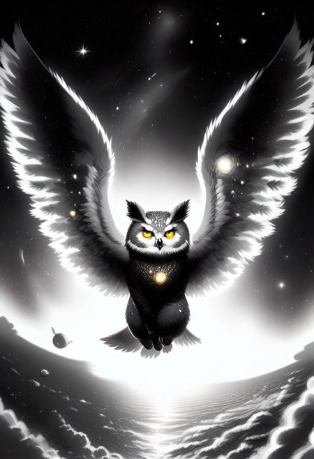 Score_9, Score_8_up, Score_7_up, lora:Navi_Celestial_Skin_PonyXL:1.1 nv-celestialskin, redpandafolk, rabbitfolk, owlfolk, foxfolk, sketch, monochrome, greyscale, YR_GradLight, 0u73r5p4c3, space, planet, nebula, galaxy, asteroid, GalaxyTelepurteSDXL, StarrySkies, scenery, stars (sky), background, night sky, vibrant colored skin, void cosmic body, deep black skin, ethereal silhouette, nebula patterns, animal theme focus, majestic owl