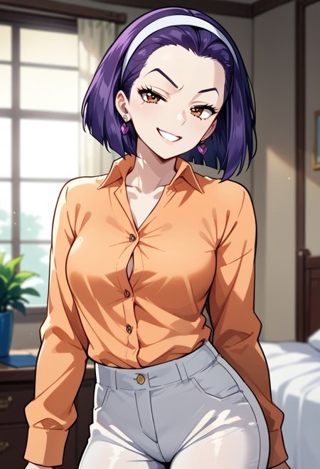 Expressiveh, score_9, score_8_up, score_7_up, source_anime, <lora:GreatM8_Style_XL_Pony_Revision:1>, greatm8 style, Tomoko Higashikata, earrings, 1girl, solo, smug, expressive eyes, brown eyes, purple hair, short hair, hair band, orange shirt, button-up shirt, white pants, perky breasts, fit body, (standing, sexy pose), (indoors, bedroom, dynamic lighting)