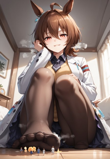 safe_pos, score_9,score_8_up,score_7_up, source_anime BREAK 1girl, foot focus, feet, covered feet, pantyhose, foreshortening, solo, straight_legs, ((steamy_feet)), giantess, giant, huge woman, POV,stepping on viewer, jitome, half-closed eyes, smug, biting lip, looking down, horny, blushing,(standing up looming above viewer),size difference, shrunken man under foot,under_foot_tiny, bedroom, cute bedroom, messy room,

Agnes Tachyon,1girl, jewelry, purple eyes, purple hair, messy hair, animal ears, orange eyes, solo, horse ears, red eyes, bangs, medium hair, short hair, brown eyes, ahoge, horse tail, brown hair, green hair, earrings, horse girl, hair between eyes,single earring, long sleeves, sleeves past wrists, sleeves past fingers, collared shirt, black shirt, yellow sweater, sweater vest, black necktie, short necktie, open coat, white coat, labcoat, test tube, vial, zipper, black pantyhose,

giantess, steam, sweat steam, view from below, (extreme low angle view), cowboy shot, view from the floor looking up,